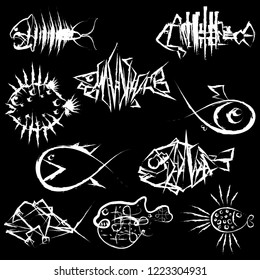 Fish logo icon sign abstract silhouette Hand drawn grunge Artistic old ancient fashion design style for gallery restaurant clothes  print greeting invitation card banner badge poster flyer vector