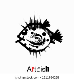 Fish logo icon sign black silhouette Hand drawn paint Artistic design for a gallery restaurant Fashion print clothes apparel greeting invitation card picture banner badge poster flyer websites Vector