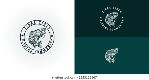 A fish logo of irregular line shapes in vintage style in green color isolated on multiple background colors. The logo is suitable for fishing community logo design inspiration templates.