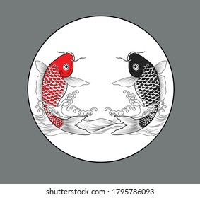 logotipo de pescado. peces koi sobre las olas y la luz del sol al estilo japonés. vector de carpa de pescado.