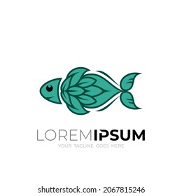 Logotipo de pescado y combinación de diseño de hoja, plantilla de icono de naturaleza