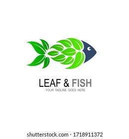 fish logo with leaves, food logo with fish menu, restaurant icon