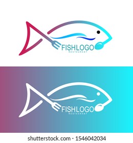 Fish logo with line design template, Restaurant logo and wave icon