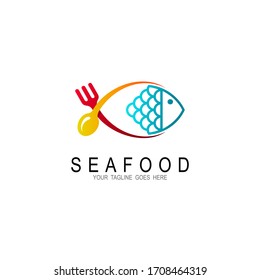 Fish logo with line design template, Restaurant logo and wave icon