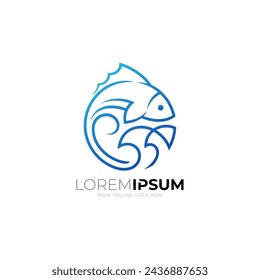 Logotipo de pescado con estilo de línea, logotipos de vida marina, combinación de diseño de peces y olas