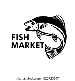 Fish logo for fish market. Vector badge isolated on white background.