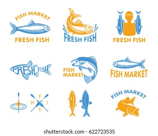 Fish logo for fish market. Vector badges isolated on white background.
