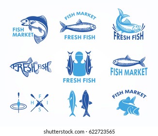 Fish logo for fish market. Vector badges isolated on white background.