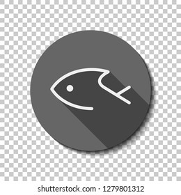 Fish logo, one line icon, linear symbol. flat icon, long shadow, circle, transparent grid. Badge or sticker style