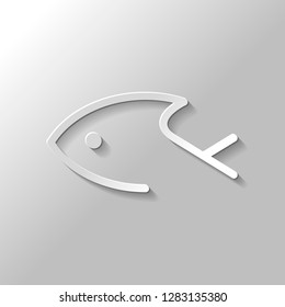 Fish logo, one line icon, linear symbol. Paper style with shadow on gray background