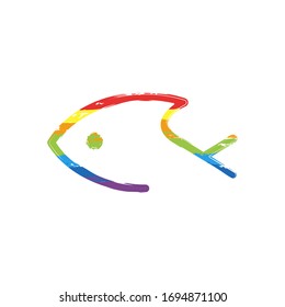 Fish logo, one line icon, linear symbol. Drawing sign with LGBT style, seven colors of rainbow (red, orange, yellow, green, blue, indigo, violet