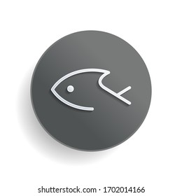 Fish logo, one line icon, linear symbol. White paper symbol on gray round button or badge with shadow