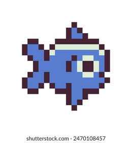 Fish logo pixel art style icon element, design app, web, tattoo, sticker and emoji. Isolated abstract vector illustration. Video game sprite. 