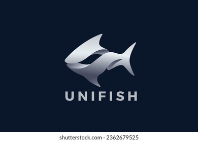Fish Logo Seafood Abstract Metallic Design Vector 3D template. Shark Tuna Metal Silver Steel Logotype concept icon.