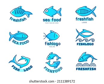 Logo de los peces. Estilizados animales submarinos iconos identidad para el menú del restaurante olas de marisco imágenes recientes de vectores plantillas de concepto