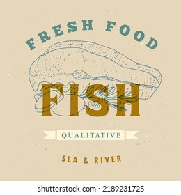 Fish logo template on a craft background. Fish label for the menu of fish restaurants, markets and shops. Vintage vector illustration in the style of an old engraving.