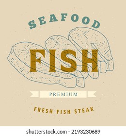 Fish logo template on a craft background. Fish label for the menu of fish restaurants, markets and shops. Vintage vector illustration in the style of an old engraving.