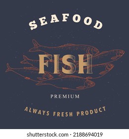 Fish logo template on a dark background. Fish label for the menu of fish restaurants, markets and shops. Vintage vector illustration in the style of an old engraving.