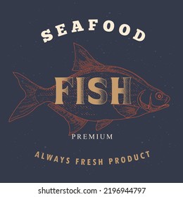 Fish logo template on a dark background. Fish label for the menu of fish restaurants, markets and shops. Vintage vector illustration in the style of an old engraving.