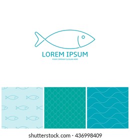 Fish logo template and seamless patterns. Unending texture of fish scales and sea waves in trendy linear style. Vector illustration.