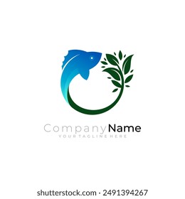 Fish logo and tree design combination, abstract animal, marine life