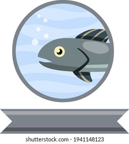 Logo de los peces. Atún en círculo. Elemento de restaurante de pesca y pescado. Animales marinos grises bajo el agua. Agua azul con burbujas. Cinta de texto. Dibujo plano