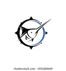 Fish logo vector for fishing business company, spearfish silhouette icon of hunting equipment shop, store, market brand, sailing boat ship tool supllier. Badge for community club, shirt, cloth apparel