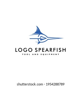 Fish logo vector for fishing business company, spearfish silhouette icon of hunting equipment shop, store, market brand, sailing boat ship tool supllier. Badge for community club, shirt, cloth apparel