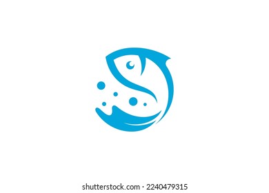 fish logo with water splash combination in blue color