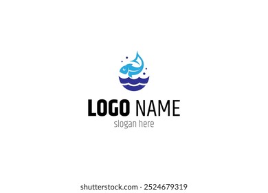 fish logo with water waves in blue flat design style