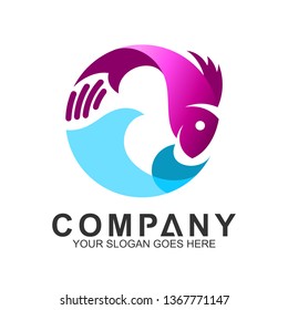 fish logo with wave in circle shape,fishing vector logo