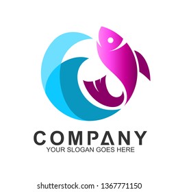 fish logo with wave in circle shape,fishing vector logo