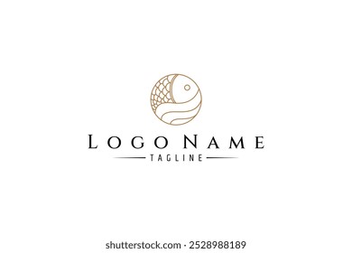 fish logo with waves in circle shape in gold line art design style