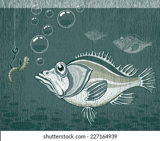 Fish is looking to hook with a worm. Eps10. CMYK. Global colors. Gradients free.