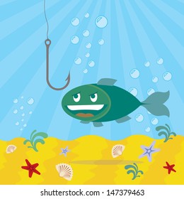  fish looking on a fishhook, underwater background  