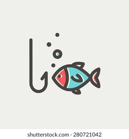 Fish is looking on a fish hook icon thin line for web and mobile, modern minimalistic flat design. Vector icon with dark grey outline and offset colour on light grey background.