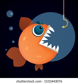 Fish is looking on a fish hook without bait on a dark underwater bottom.