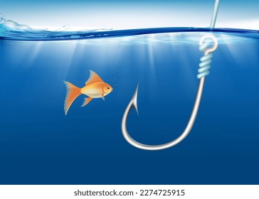 Fish looks at a fishing hook under water. Vector illustration