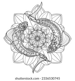 Fish and lotus flower hand drawn for adult coloring book