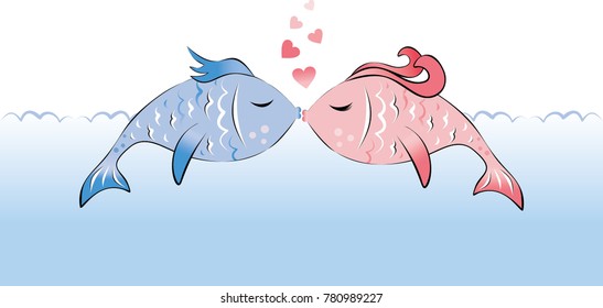  Fish in love.Romantic feelings vector illustration.