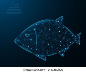 Fish low poly design, aquatic animal abstract geometric image, underwater world wireframe mesh polygonal vector illustration made from points and lines on dark blue background