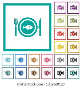 Fish for lunch flat color icons with quadrant frames on white background