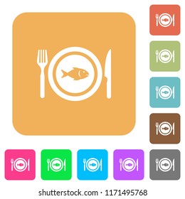Fish for lunch flat icons on rounded square vivid color backgrounds.