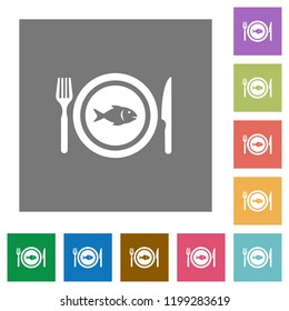 Fish for lunch flat icons on simple color square backgrounds