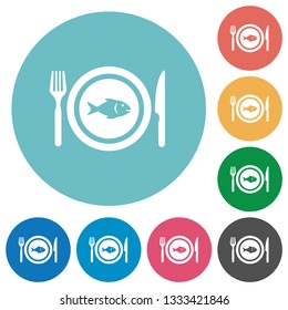 Fish for lunch flat white icons on round color backgrounds