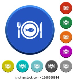 Fish for lunch round color beveled buttons with smooth surfaces and flat white icons