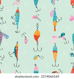 Fish lure seamless pattern. Doodle fishing lures and hooks, different bites. Fish catching hobby tools, print for fabric or wallpaper, nowaday vector background