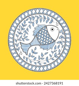 Fish madhubani art , beautiful madhubani fish painting on yellow background , for print on demand cushion , mugs stationaries