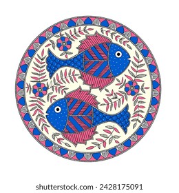 Fish madhubani art , beautiful madhubani fish painting on white background , for print on demand cushion , mugs stationaries