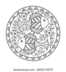 Pescado madhubani arte, hermoso cuadro de peces madhubani sobre fondo amarillo, para cojín de Impresión a la carta, tazas estacionarias